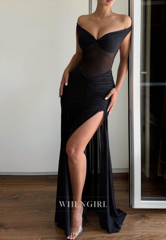 Black Sexy Sheath V neck Pleated Long Evening Formal Gown with Side Slit