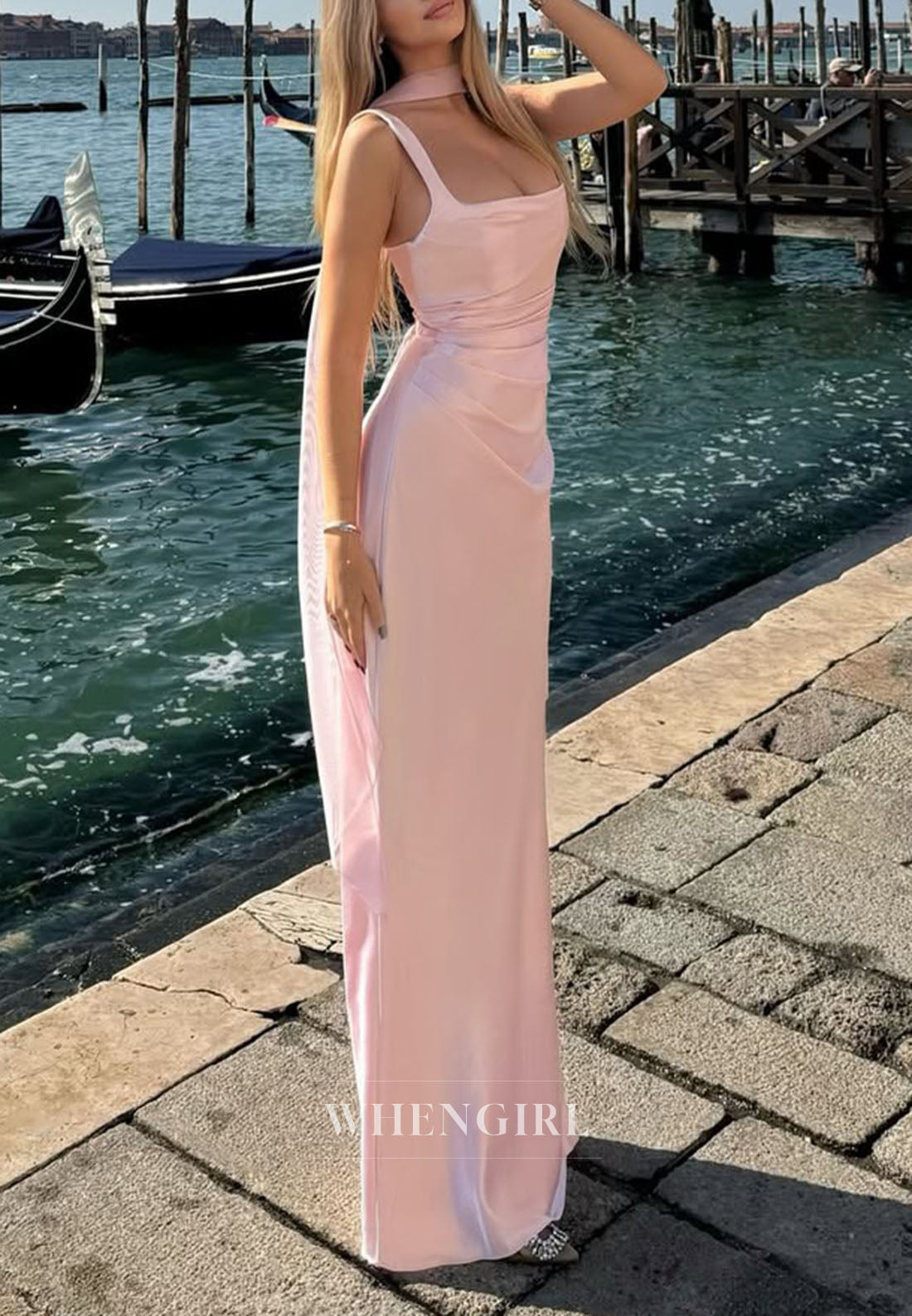 Pink Satin Square Neck Sleeveless Ruched Column Floor Length Prom Dress