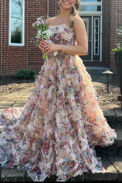 Strapless Floral Print Ruffle Long Dress with Slit