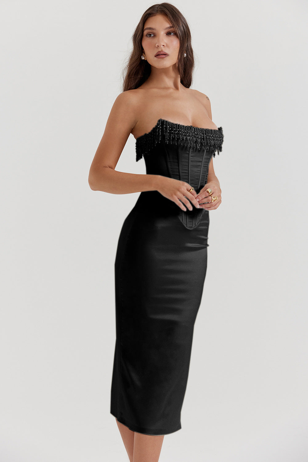 Strapless Pearls Tassel Sheath Midi Dress