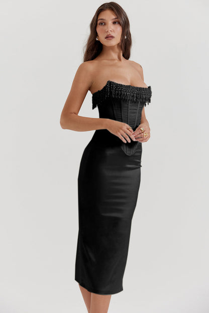 Strapless Pearls Tassel Sheath Midi Dress