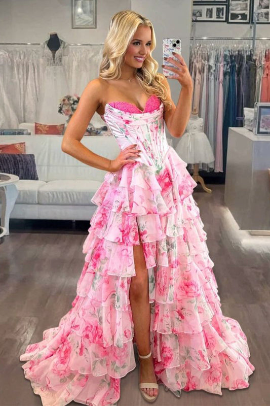 Gorgeous A Line Sweetheart Pink Floral Chiffon Prom Dress with Slit