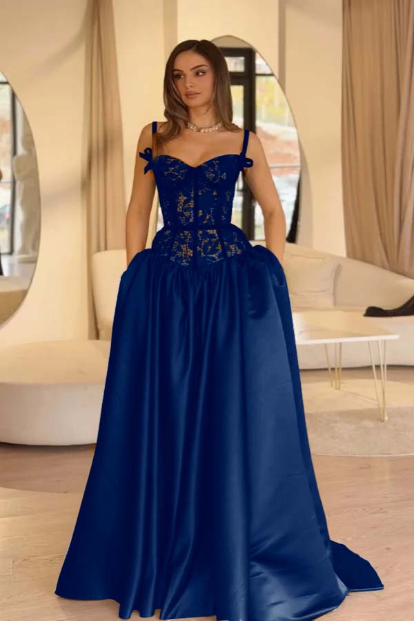 Pleated Lace Elegant Spaghetti-Straps Sleeveless Black Evening Dress