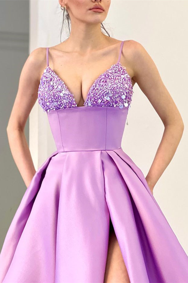 Spaghetti Straps Sequins A Line Lavender Evening Dress With Front Split