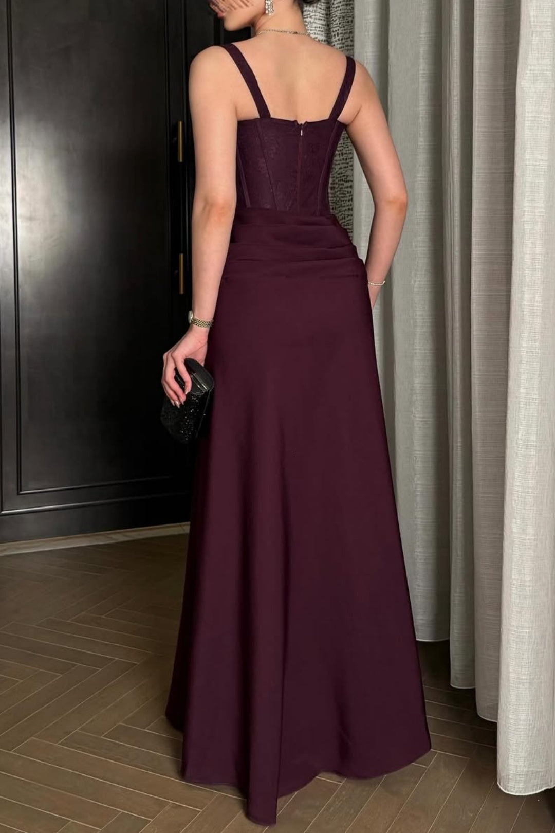 Elegant Burgundy Corset Ruched Lace Slit Evening Dress
