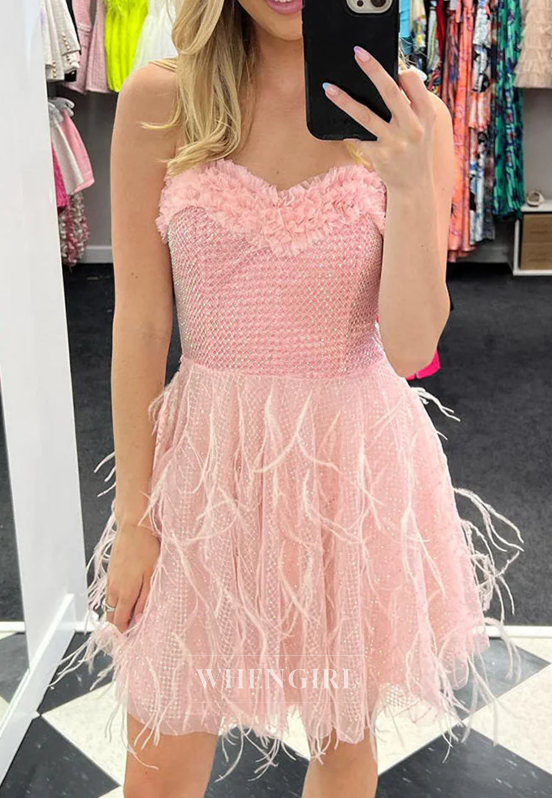 Blush Sweetheart A-Line Sleeveless Feather Short Homecoming Dress