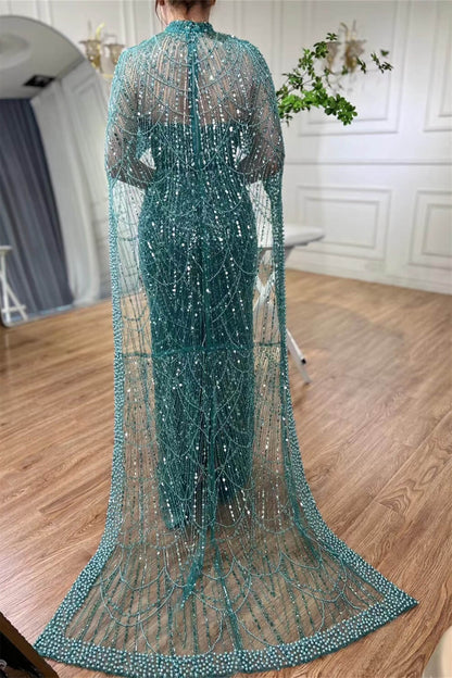 High Neck Sheath Pearls Prom Dresses With Cape Long Sequins Beads