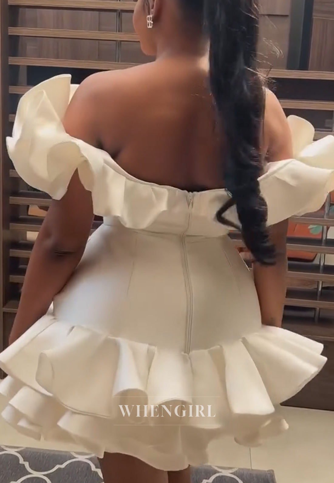 V Neck Off Shoulder Ruffles Sheath Sleeveless Homecoming Dress