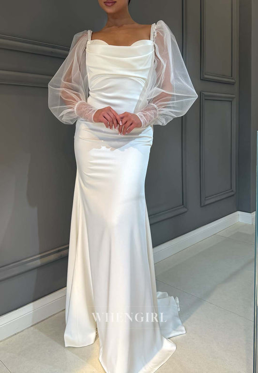 Simple Asymmetrical Neck Long Sleeves Sheath Sweep Train Wedding Dress