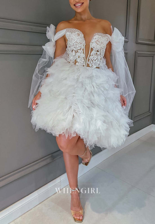A-Line Off Shoulder V neck Appliqued Multi Tired Sleeveless Short Wedding Dress