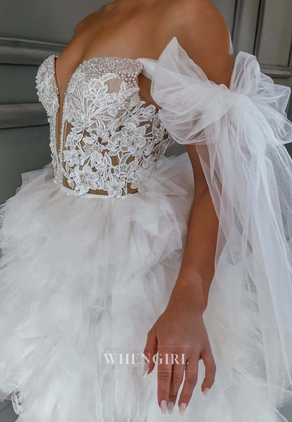 A-Line Off Shoulder V neck Appliqued Multi Tired Sleeveless Short Wedding Dress