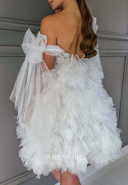 A-Line Off Shoulder V neck Appliqued Multi Tired Sleeveless Short Wedding Dress