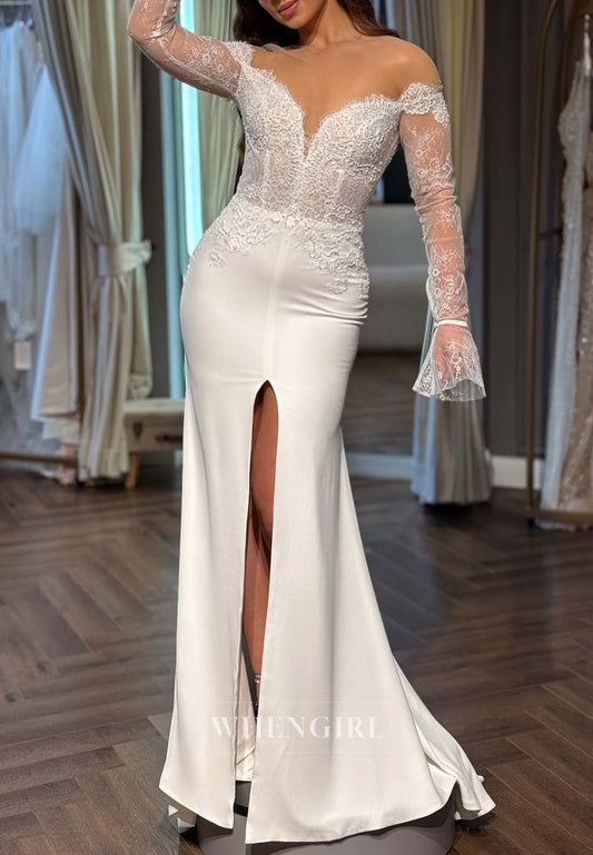 Off Shoulder Appliqued V Neck Slit Bell Sleeves Sheath Floor Length Beach Wedding Dress