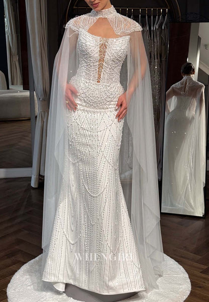 High Neck Pearls Beaded Sleeveless Lace Up Floor Length Sheath Wedding Dress