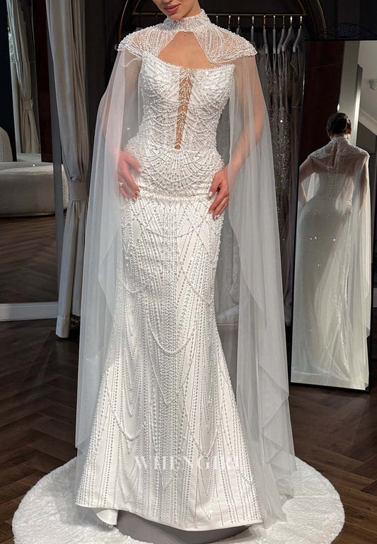 High Neck Pearls Beaded Sleeveless Lace Up Floor Length Sheath Wedding Dress