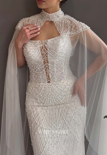High Neck Pearls Beaded Sleeveless Lace Up Floor Length Sheath Wedding Dress