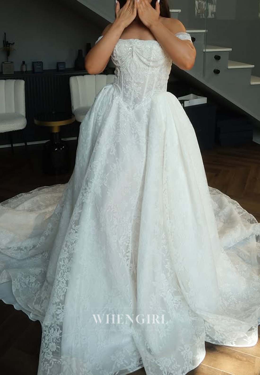 Off Shoulder Appliqued Lace Beaded Sleeveless Court Train Ball Gown Wedding Dress