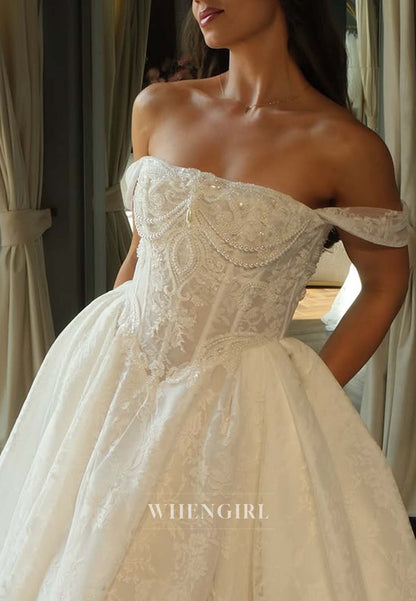 Off Shoulder Appliqued Lace Beaded Sleeveless Court Train Ball Gown Wedding Dress
