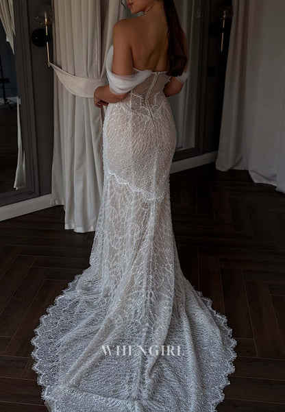 Sheath Off Shoulder Pearls Beaded Back Zipper Sweep Train Sleeveless Wedding Dress