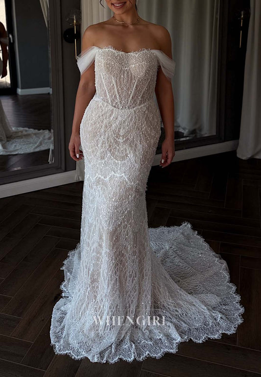 Sheath Off Shoulder Pearls Beaded Back Zipper Sweep Train Sleeveless Wedding Dress