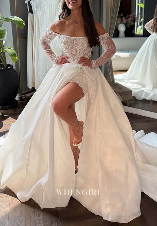 Off Shoulder Long Sleeves Appliqued Lace Sheath Wedding Dress with Detachable Skirt