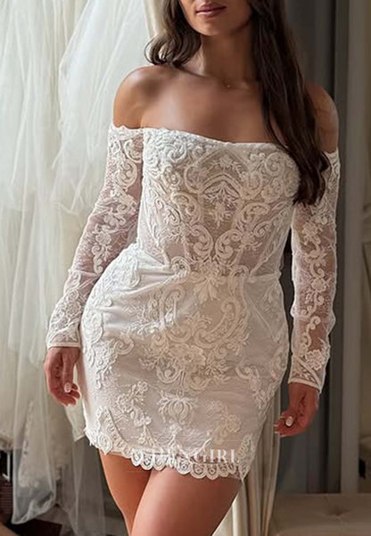 Off Shoulder Long Sleeves Appliqued Lace Sheath Wedding Dress with Detachable Skirt