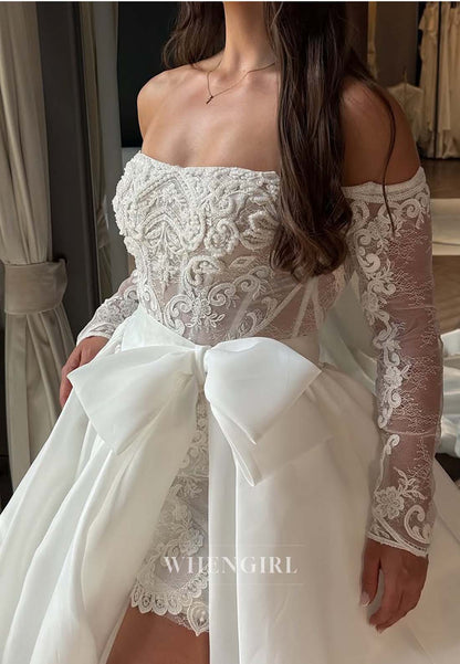 Off Shoulder Long Sleeves Appliqued Lace Sheath Wedding Dress with Detachable Skirt
