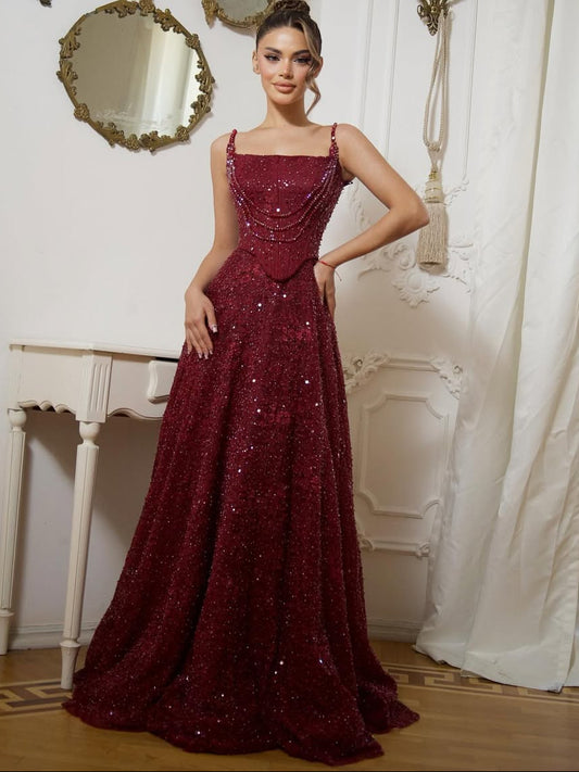 Burgundy Dazzling Spaghetti-Straps Beaded Sleeveless Pleated Prom Dress