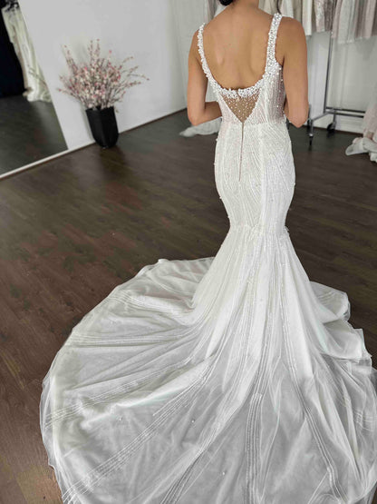 Mermaid Sleeveless Back Zipper Pearl Beaded Wedding Dress
