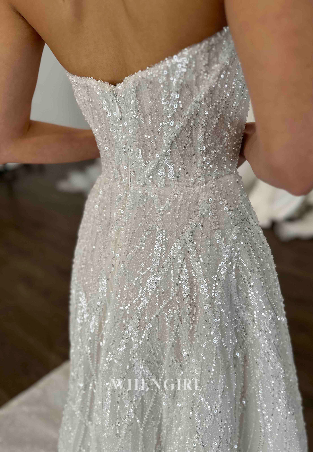 A-Line V Neck Strapless Sleeveless Side Slit Sequins Beading Court Train Wedding Dress