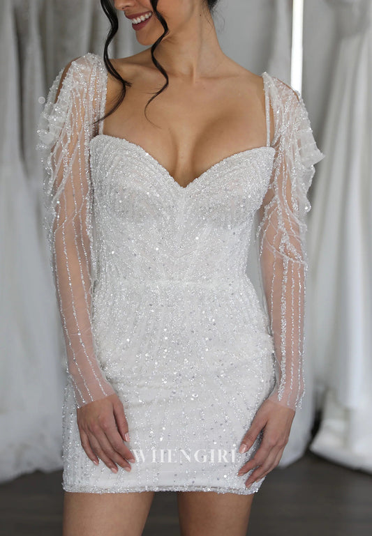 Sheath Sweetheart Sequins Beading Back Zipper Short Wedding Dress with Removable Long Sleeves