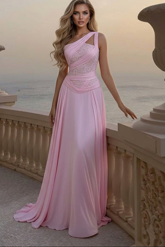 Beautiful Pink One Shoulder Chiffon Sleeveless Prom Dress A-Line Long With Pleats