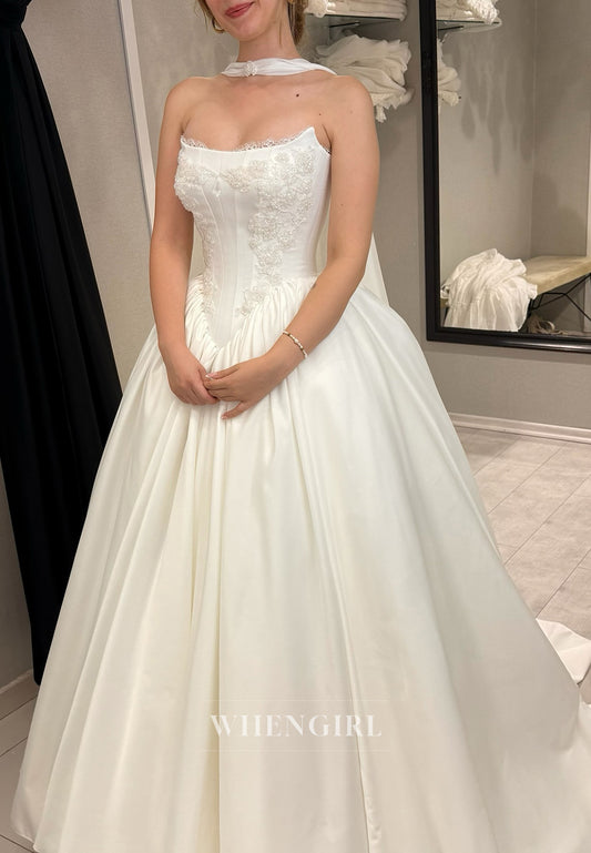 Strapless Beaded Sleeveless Ball Gown Satin Wedding Dress with Chapel Train Scarf
