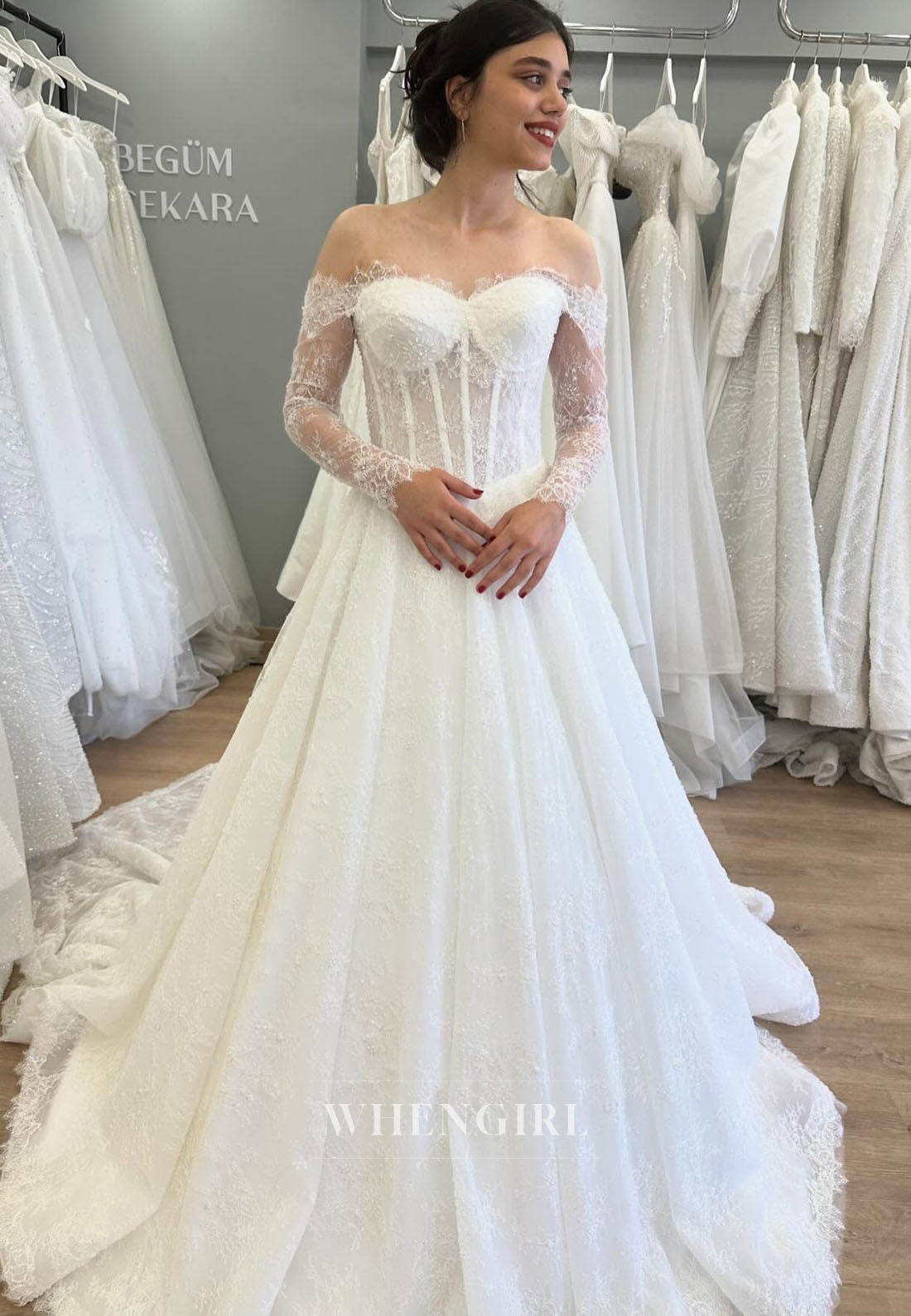 A-Line Off Shoulder Long Sleeves Lace Court Train Wedding Dress