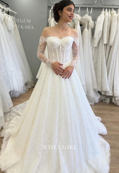 A-Line Off Shoulder Long Sleeves Lace Court Train Wedding Dress