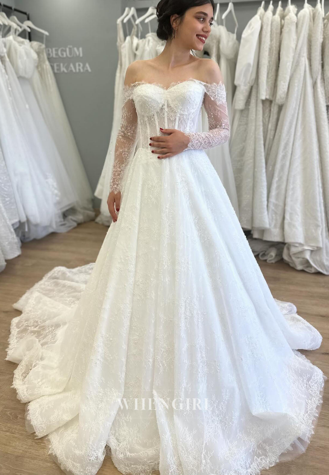 A-Line Off Shoulder Long Sleeves Lace Court Train Wedding Dress