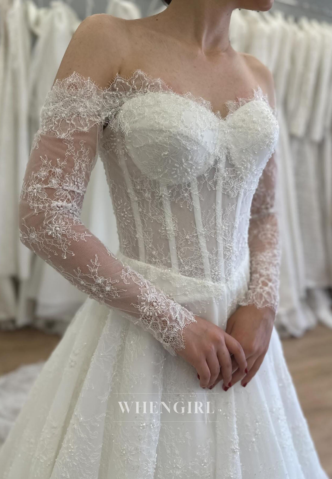 A-Line Off Shoulder Long Sleeves Lace Court Train Wedding Dress