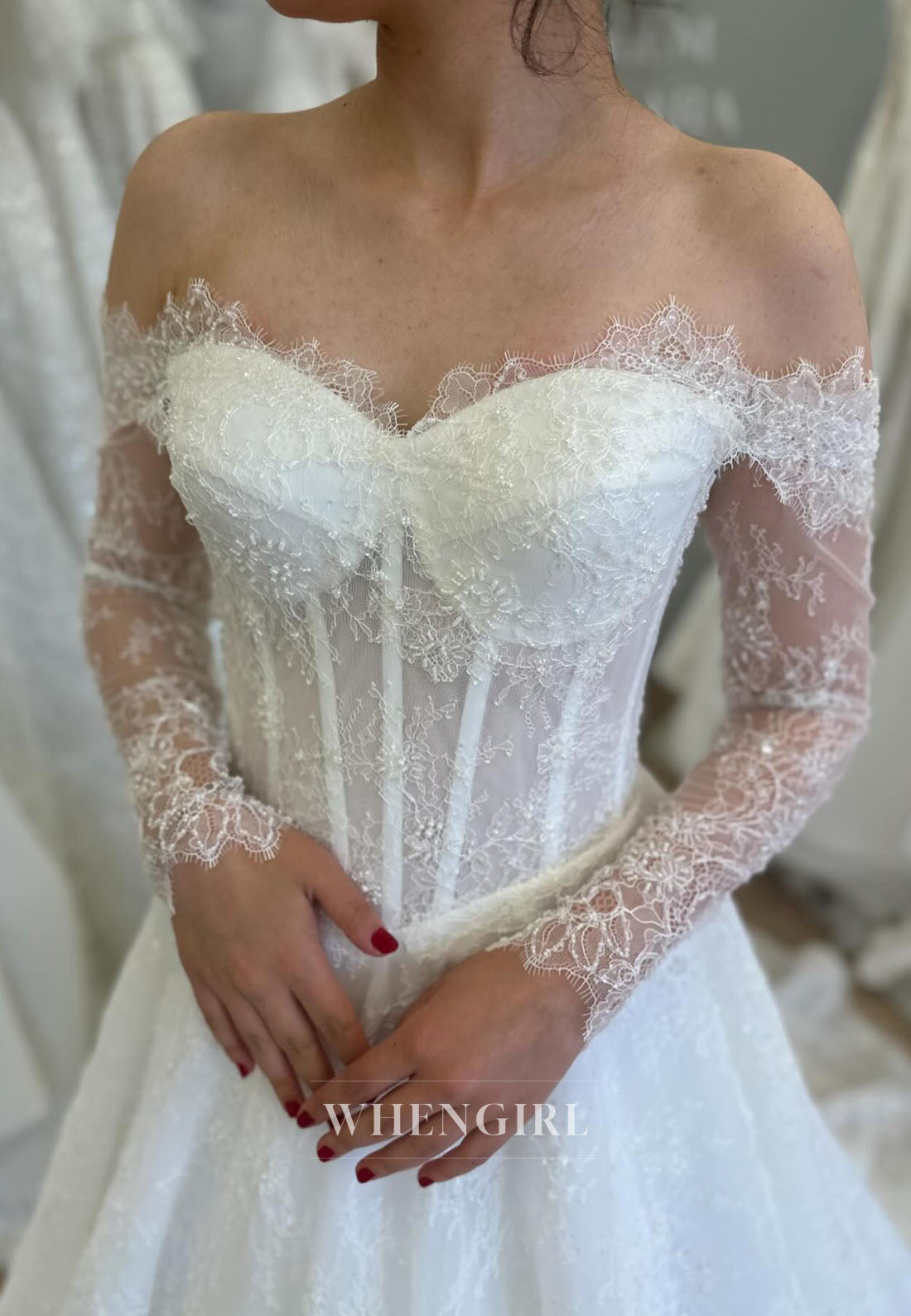 A-Line Off Shoulder Long Sleeves Lace Court Train Wedding Dress