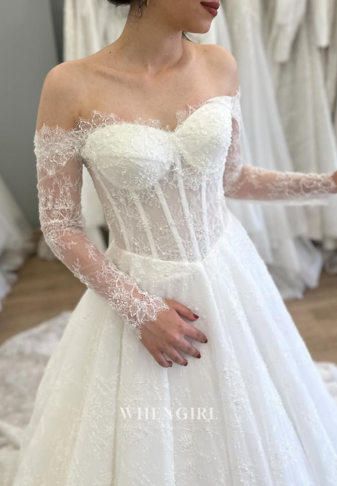 A-Line Off Shoulder Long Sleeves Lace Court Train Wedding Dress