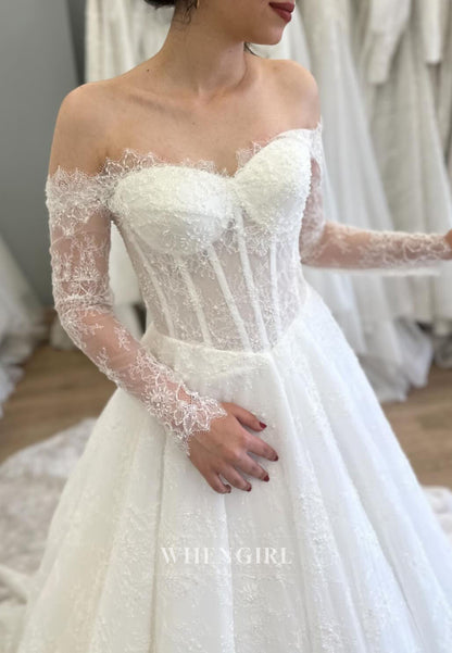 A-Line Off Shoulder Long Sleeves Lace Court Train Wedding Dress