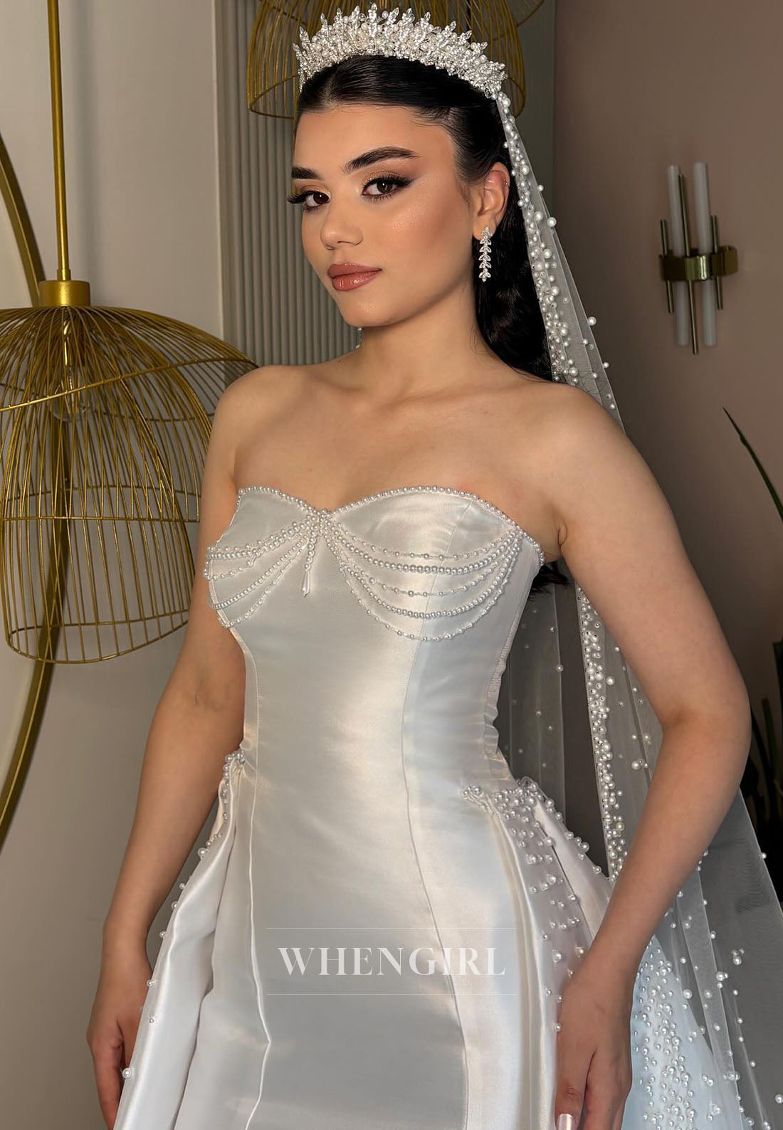Trumpet Seetheart Pearls Satin Wedding Dress