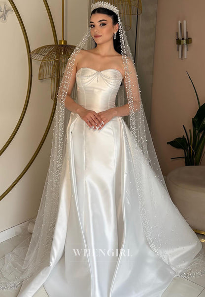 Trumpet Seetheart Pearls Satin Wedding Dress