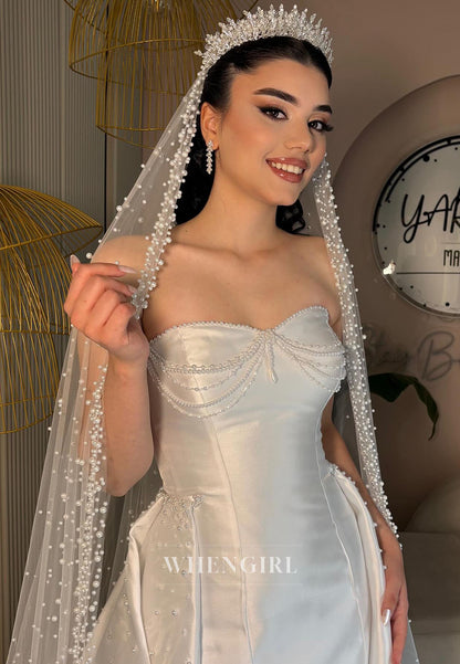 Trumpet Seetheart Pearls Satin Wedding Dress