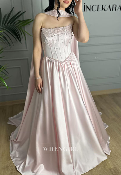 Pink Long Beaded Satin A-Line Evening Formal Dress with Scarf