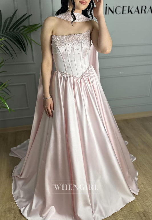 Pink Long Beaded Satin A-Line Evening Formal Dress with Scarf