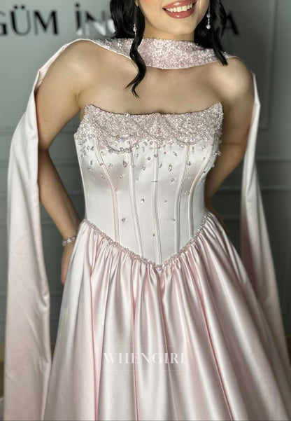 Pink Long Beaded Satin A-Line Evening Formal Dress with Scarf