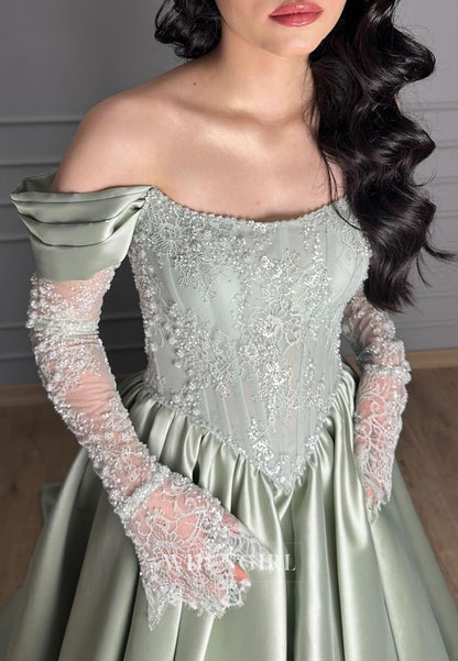 A-Line Off Shoulder Long Sleeves Pleated Evening Dress