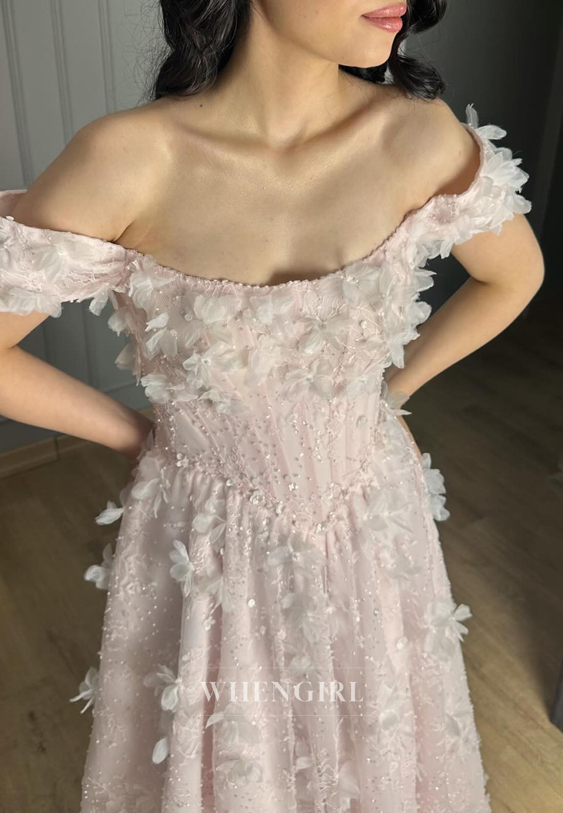 Pink Off Shoulder Floral A-Line Evening Dress with Scarf