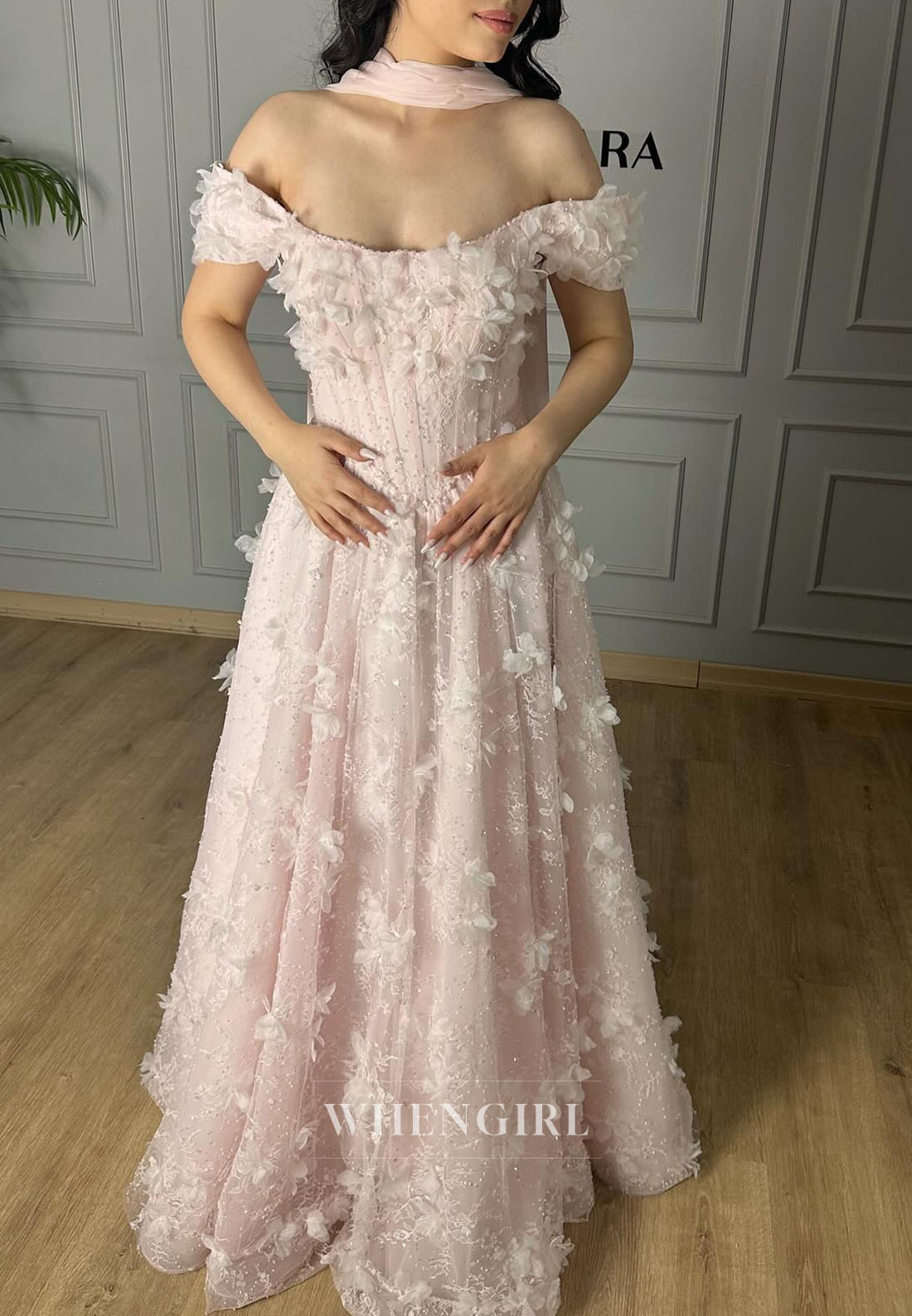 Pink Off Shoulder Floral A-Line Evening Dress with Scarf