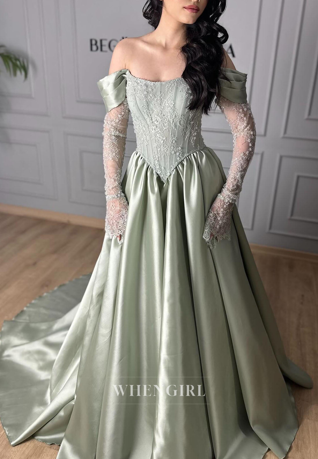 A-Line Off Shoulder Long Sleeves Pleated Evening Dress
